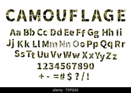 Militärische stencil Font mit Tarnmuster, lateinische Buchstaben mit Zahlen isoliert auf weißem Stock Vektor
