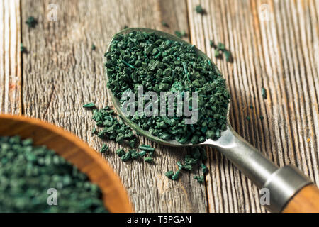 Raw Green Bio Algen Spirulina in eine Schüssel geben. Stockfoto