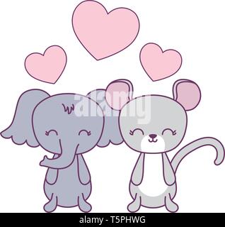 Süße Elefant mit Maus und Herzen Vector Illustration Design Stock Vektor