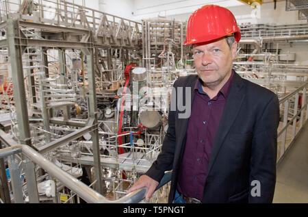 Greifswald, Deutschland. 26 Apr, 2019. Robert Habeck, Bundesvorsitzende von Bündnis 90/Die Grünen sterben, besucht die Kernfusionsforschung facility" Wendelstein 7-X" am Jahrestag der Katastrophe von Tschernobyl. Das Institut mit den fusionsreaktor "Wendelstein 7-X' konzentriert sich auf die Kernfusion als Möglichkeit der Energiegewinnung. Quelle: Stefan Sauer/dpa-Zentralbild/dpa/Alamy leben Nachrichten Stockfoto