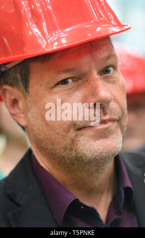 Greifswald, Deutschland. 26 Apr, 2019. Robert Habeck, Bundesvorsitzende von Bündnis 90/Die Grünen sterben, besucht die Kernfusionsforschung facility" Wendelstein 7-X" am Jahrestag der Katastrophe von Tschernobyl. Das Institut mit den fusionsreaktor "Wendelstein 7-X' konzentriert sich auf die Kernfusion als Möglichkeit der Energiegewinnung. Quelle: Stefan Sauer/dpa-Zentralbild/dpa/Alamy leben Nachrichten Stockfoto