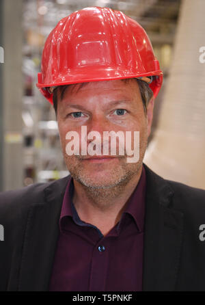 Greifswald, Deutschland. 26 Apr, 2019. Robert Habeck, Bundesvorsitzende von Bündnis 90/Die Grünen sterben, besucht die Kernfusionsforschung facility" Wendelstein 7-X" am Jahrestag der Katastrophe von Tschernobyl. Das Institut mit den fusionsreaktor "Wendelstein 7-X' konzentriert sich auf die Kernfusion als Möglichkeit der Energiegewinnung. Quelle: Stefan Sauer/dpa-Zentralbild/dpa/Alamy leben Nachrichten Stockfoto