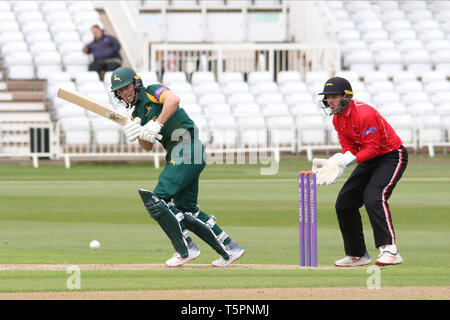 Nottingham, UK. 26 Apr, 2019. Jake Libby batting während der Royal London eintägiger Pokalspiel zwischen dem Notts ächtet und Leicestershire Füchse an der Trent Brücke, Nottingham, England am 26. April 2019. Foto von John Mallett. Nur die redaktionelle Nutzung, eine Lizenz für die gewerbliche Nutzung erforderlich. Keine Verwendung in Wetten, Spiele oder einer einzelnen Verein/Liga/player Publikationen. Credit: UK Sport Pics Ltd/Alamy leben Nachrichten Stockfoto