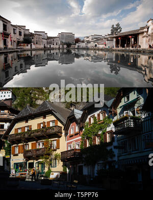 (190426) - Wien, 26. April 2019 (Xinhua) - Diese Kombination Foto zeigt Dorf Hongcun, im Osten der chinesischen Provinz Anhui, Sept. 26, 2012 (oben) und Hallstatt, Österreich, 25. April 2019. Hongcun und Hallstatt, beide Weltkulturerbe, ziehen Touristen aus aller Welt. Im Jahr 2018 erhielt Hongcun rund 36.000 ausländische Touristen, während Hallstatt über 21.000 chinesischen Touristen, übernachteten hier gehostet werden. (Xinhua / Guo Chen) Stockfoto