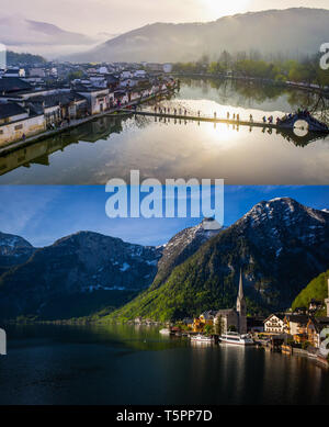 (190426) - Wien, 26. April 2019 (Xinhua) - Diese Kombination Foto zeigt Dorf Hongcun, im Osten der chinesischen Provinz Anhui, 25. März 2017 (oben) und Hallstatt, Österreich, 25. April 2019. Hongcun und Hallstatt, beide Weltkulturerbe, ziehen Touristen aus aller Welt. Im Jahr 2018 erhielt Hongcun rund 36.000 ausländische Touristen, während Hallstatt über 21.000 chinesischen Touristen, übernachteten hier gehostet werden. (Xinhua / Guo Chen) Stockfoto