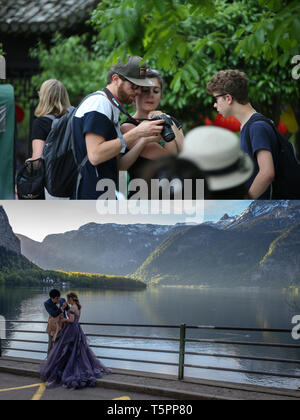 (190426) - Wien, 26. April 2019 (Xinhua) - Diese Kombination Foto zeigt ausländische Touristen in Dorf Hongcun, der ostchinesischen Provinz Anhui, April 20, 2019 (oben, Foto von Shi Yalei), und ein Chinesisches Ehepaar in Hallstatt, Österreich, April 25, 2019 (unten, Foto von Guo Chen). Hongcun und Hallstatt, beide Weltkulturerbe, ziehen Touristen aus aller Welt. Im Jahr 2018 erhielt Hongcun rund 36.000 ausländische Touristen, während Hallstatt über 21.000 chinesischen Touristen, übernachteten hier gehostet werden. (Xinhua) Stockfoto