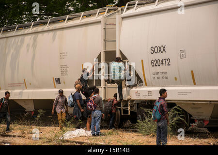 Ciudad Ixtepec, Mexiko. 25 Apr, 2019. Migrantinnen aus Mittelamerika, die auf dem Weg in die USA sind auf dem Zug 'La Bestía' Sie am Bahnhof von Ciudad Ixtepec. Jedes Jahr Hunderttausende von Menschen Gewalt und Armut in Mittelamerika fliehen und versuchen, die Vereinigten Staaten zu erreichen. Credit: Francisco García/dpa/Alamy leben Nachrichten Stockfoto