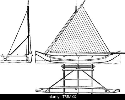 Vorderansicht der Proa ist ein Segelschiff mit multi Rümpfe, vintage Strichzeichnung oder Gravur Abbildung. Stock Vektor