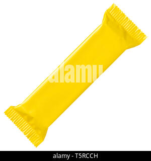 Lange gelbe Leere verschließbaren Folienverpackung snack Beutel Verpackung mock up auf weißem Hintergrund flache Ansicht isoliert Stockfoto