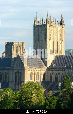 Im Osten Angesichts der Wells Cathedral, Somerset, an einem sonnigen Sommermorgen. Stockfoto