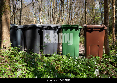 Müll und Recycling bins aufgereiht auf Einfahrt in natürlichen Waldgebiet Ashdown Forest in der Nähe von Danehill, in der Nähe der Haywards Heath, Sussex, England, Großbritannien Stockfoto