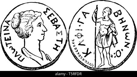 Dieses Bild zeigt die Vorder- und Rückseite der Münze. Dies ist die Geba-Medaille. Ein Gesicht zeigt das Porträt der Kaiserin Plautina und die andere zeigt Stock Vektor
