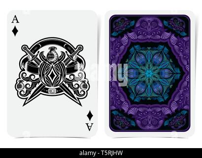 Ace Of Diamonds Gesicht mit Distel Pflanze innen mit Diamant und gekreuztes Schwert und zurück mit Blau und Violett florale Muster auf dunklen Anzug. Vektor-t Stock Vektor