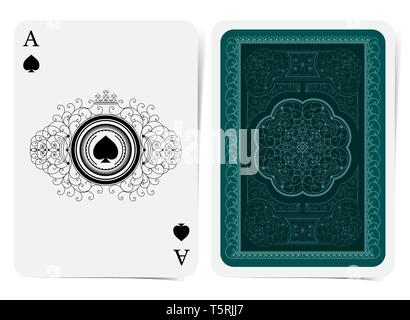 Ace of Spades Gesicht und Rückseite mit blauen Anzug und leichte curle Muster. Vektor Karte Vorlage Stock Vektor