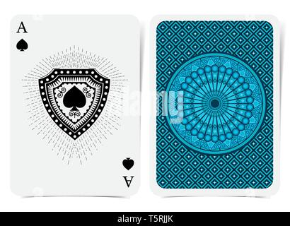 Ace of Spades Gesicht und Rückseite mit blauen Anzug. Vektor Karte Vorlage Stock Vektor