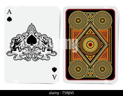 Ace of Spades Gesicht mit Spaten in abstrakte Muster mit Löwen und zurück mit goldenen geometrische Muster auf schwarzen Anzug. Vektor Karte Vorlage Stock Vektor