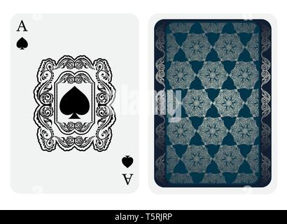 Ace of Spades Gesicht mit Spaten inside florar quadratischen Muster und Rückseite mit Blau und Silber Muster entsprechen. Vektor Karte Vorlage Stock Vektor