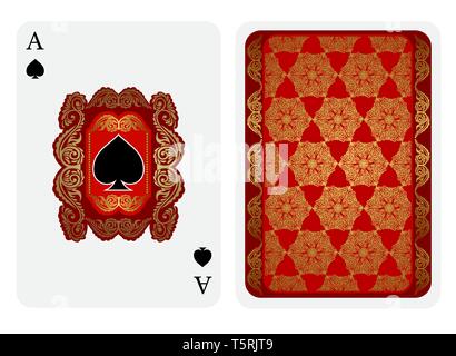 Ace of Spades Gesicht mit Spaten inside florar quadratischen Muster und Rückseite mit Rot und Gold Muster entsprechen. Vektor Karte Vorlage Stock Vektor