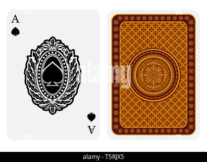 Ace of Spades Gesicht mit Spaten innen Oval floral Rahmen und zurück Gold geometrische Struktur. Vektor Karte Vorlage Stock Vektor