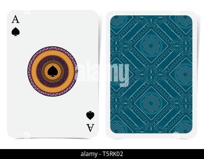 Ace of Spades Gesicht mit Spaten runde abstrakten Rahmen und zurück mit blauen Curly geometrische Muster entsprechen. Vektor Karte Vorlage Stock Vektor