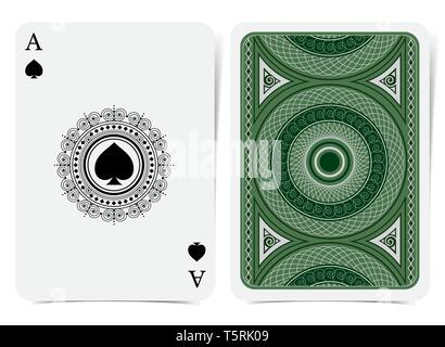 Ace of Spades Gesicht mit Spaten runde geschweiften Rahmen und zurück mit Silber geometrische Muster auf Grün. Vektor Karte Vorlage Stock Vektor