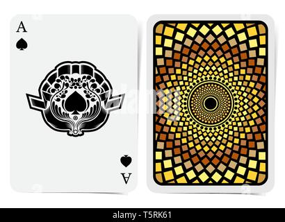 Ace of Spades Gesicht mit Spaten im inneren Kranz mit Schleife und zurück mit goldenen geometrische Muster von Fliesen. Vektor Karte Vorlage Stock Vektor