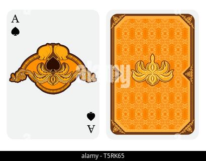 Ace of Spades Gesicht mit Spaten in Lotos florales Muster mit Elefant und Rückseite mit Gold Muster entsprechen. Vektor Indien Karte Vorlage Stock Vektor