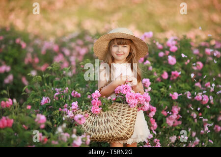 Ein kleines Mädchen im Garten eines Tea Rose. Stockfoto