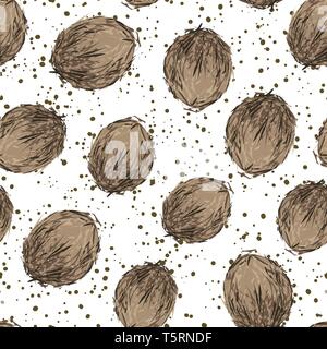 Kokosnuss. Nahtlose Muster einer ganzen Kokosnuss, Halb, teil. Eingestellt von Früchten. Vector Illustration auf weißem Hintergrund Stock Vektor