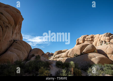 Im Jumbo Bereich Felsen der Joshua Tree National Park, eine weite Landschaft, von Felsformationen unter blauen Himmel geschwungene, von Schatten und Licht akzentuiert. Stockfoto