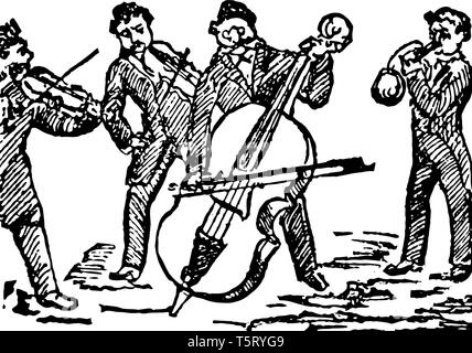 Quartett, wo der Satz von vier Personen, die ein Stück Musik in vier Teile durchführen, vintage Strichzeichnung oder Gravur Abbildung. Stock Vektor