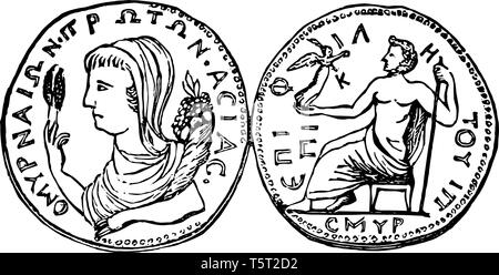 Dieses Bild zeigt die Izmir Medaille. Eine Seite zeigt die Göttin und die andere Seite zeigt Jupiter auf der Bank sitzen, vintage Strichzeichnung oder Gravur Stock Vektor