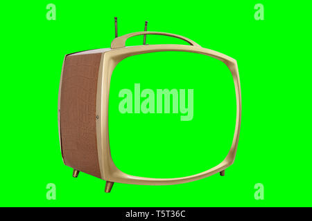 Retro 1950s tragbarer Fernseher mit Chroma Key Green Screen und Hintergrund. Stockfoto