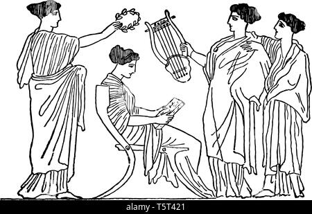Griechische Frauen, die Leier, vintage Strichzeichnung oder Gravur Abbildung. Stock Vektor