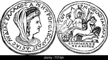 Dieses Bild zeigt die Vorder- und Rückseite der Münze. Dies ist die Sardes Medaille. Ein Gesicht zeigt das Portrait von proserpina und der andere zeigt Pluto, Stock Vektor