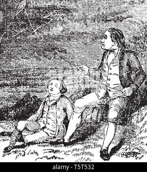 Ein Mann fliegen Drachen und ein anderer Mann in der Nähe von ihm saß, vintage Strichzeichnung oder Gravur Abbildung Stock Vektor