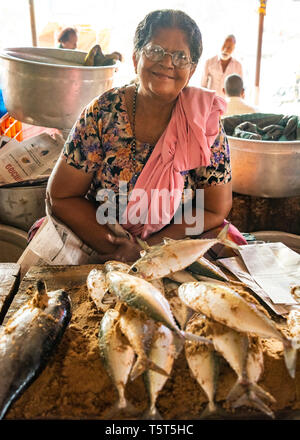 Vertikales Porträt einer Dame, die Fisch auf dem Markt verkauft, Palayam in Trivandrum, Kerala, Indien. Stockfoto