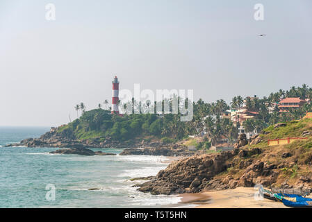 Horizontale Ansicht von Lighthouse Beach in Kovalam Kerala, Indien. Stockfoto