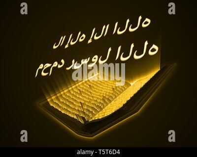 Koran Kareem. Das islamische Glaubensbekenntnis. blau leuchtende Arabischer Text mit Lichtstrahlen. 3D-Stil, Vector Illustration. Stock Vektor