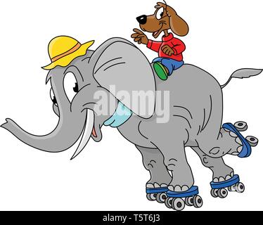 Cartoon Elefant Charakter skaten zusammen mit seinem Hund Freund Vector Illustration Stock Vektor