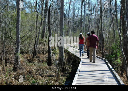 Madisonville, Louisiana, USA - 2019: Menschen laufen auf einem Pfad an Fairview-Riverside State Park. Stockfoto