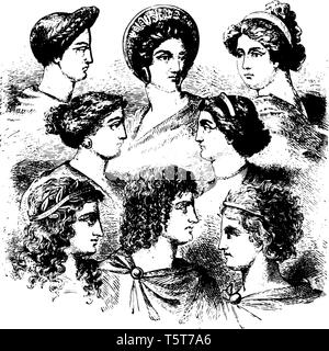 Das Bild zeigt die verschiedenen Arten von Frauen. Diese Frauen sind griechische Frauen. Es gibt 8 Frauen in diesem Bild enthalten, vintage Strichzeichnung oder engravin Stock Vektor
