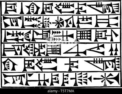 Das Bild zeigt die babylonischen Script. Es ist eine der Sprachen in einer Zeile geschrieben. Sumerische Keilschrift schreiben System genannt, vintage Strichzeichnung oder engr Stock Vektor
