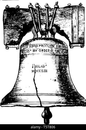 Liberty Bell besteht aus Kupfer und Zinn ist eine Ikone der amerikanischen Unabhängigkeit in Philadelphia, Pennsylvania, vintage Zeichnung befindet. Stock Vektor