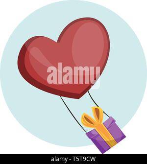 Violett Geschenkbox mit gelben Band auf einem Herzförmigen Red Balloon vector illustrtation in hellen blauen Kreis auf weißem Hintergrund gebunden. Stock Vektor
