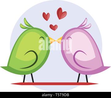 Ein grüner Vogel und ein violetter Vogel küssen Vektor illustrtation in hellen blauen Kreis auf weißem Hintergrund. Stock Vektor