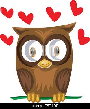 Braune Eule in einem grünen Zweig mit roten Herzen Vector Illustration auf weißem Hintergrund. Stock Vektor
