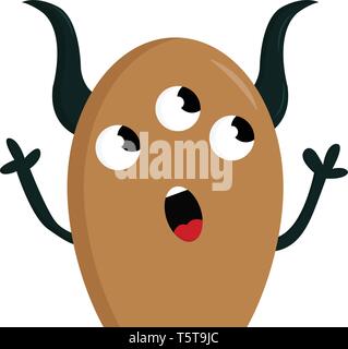 Braune Monster mit drei Augen und schwarze Hörner Vector Illustration auf weißem Hintergrund. Stock Vektor