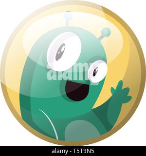 Cartoon Charakter eines grünen Monster winken Vector Illustration in gelber Kreis auf weißem Hintergrund. Stock Vektor