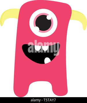 Nett lächelnden Pink one-eyed Monster mit gelben Hörnern Vector Illustration auf weißem Hintergrund Stock Vektor